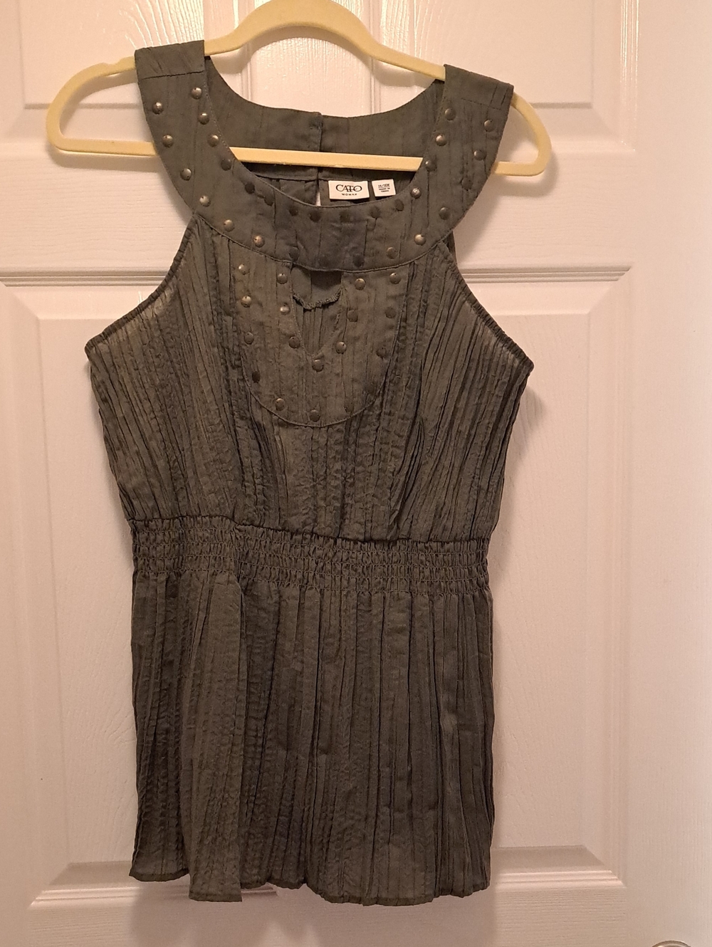 Cato Olive Sleeveless Pleated Mini Top with Stud Accents